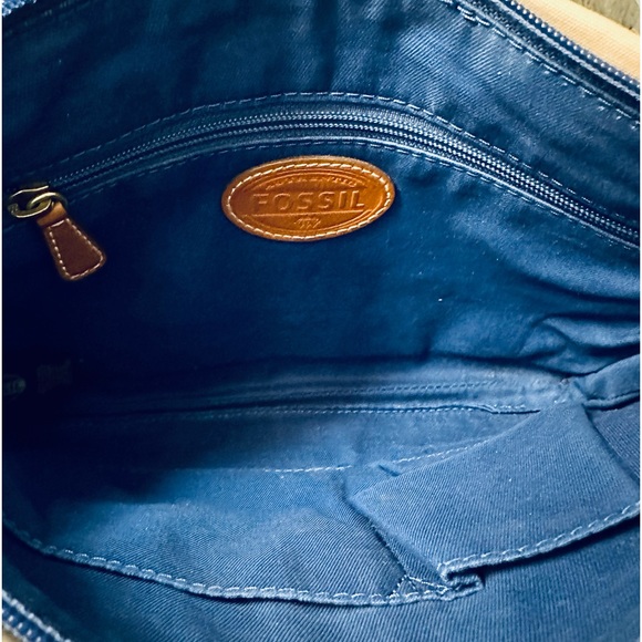 🌟2xHP🌟VTG 1990s Fossil Tan & Navy Passport Style Polka Dot Canvas Crossbody - Picture 7 of 15